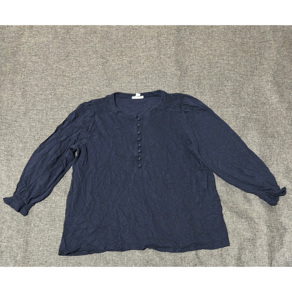 J.Jill Womens Large Top Navy Blue Cotton Tencel Henley Smocked Long Sleeve